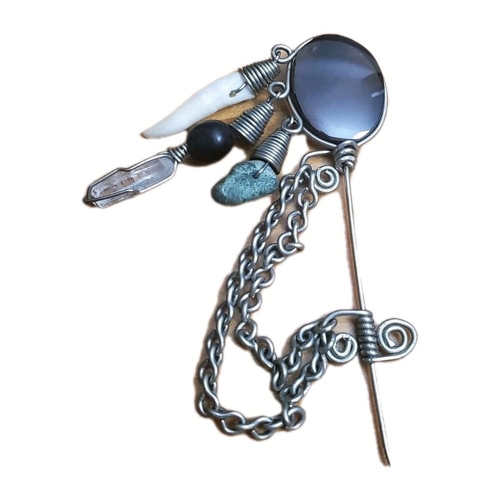 Southwest‎ Inspired Straight Pin Lapel Brooch Dangle Silver Tone Chain W/Scrolls